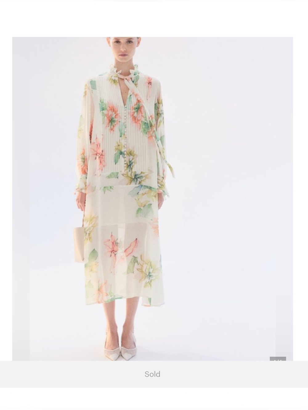 New H&M Cream Floral Pleated Tie-Neck Midi Dress